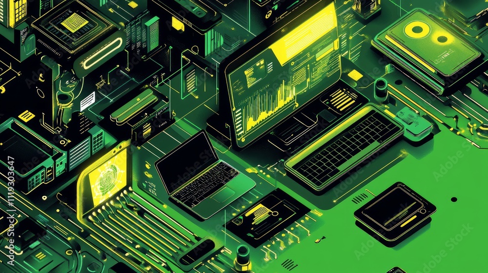 Poster isometric illustration of interconnected computer hardware and software.