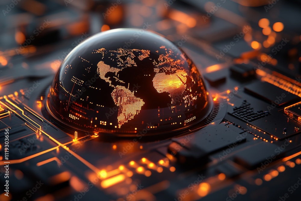 Poster a digital representation of the world is illuminated on a circuit board, showcasing the interconnect