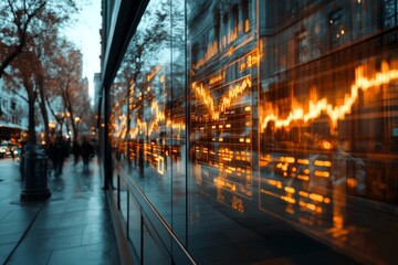 A glowing stock market graph reflects on the glass windows of a building, merging the cityscape with financial data in an urban environment during evening.