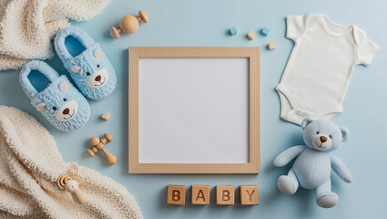 Blue theme, Pregnancy, baby coming announcement template, square wooden frame mockup, cozy fall flat lay composition with warm baby overall, teddy bear, toy and blanket.