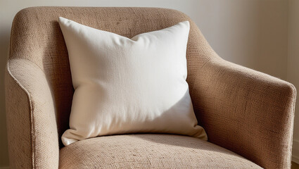 White empty square canvas pillow mockup on cozy couch, small cotton cushion mockup in living room interior., space for design presentation