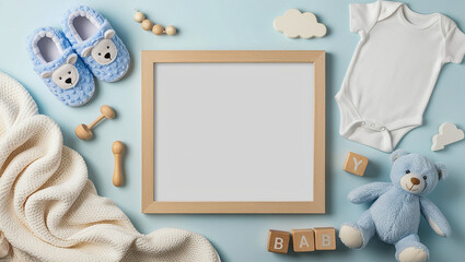 Blue theme, Pregnancy, baby coming announcement template, square wooden frame mockup, cozy fall flat lay composition with warm baby overall, teddy bear, toy and blanket.