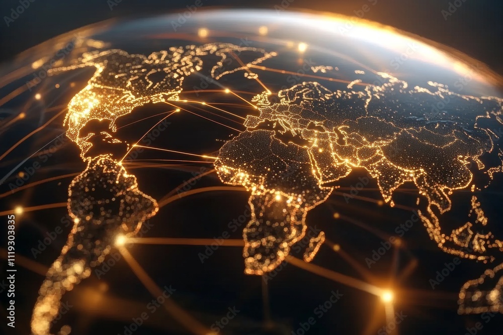 Aufkleber graphic showing an interconnected world map with radiant gold lines, emphasizing unity and the techn