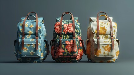 Colorful children schoolbags on a floor. Backpacks with school accessories. Ai Generative.