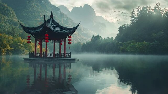 A Chinese pagoda with hanging lanterns stands surrounded by a tranquil pond