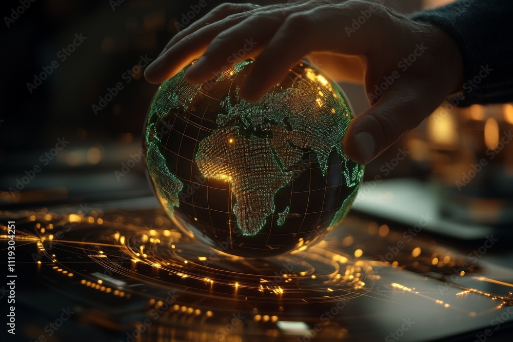 Poster a hand interacting with a glowing digital globe on a table, illustrating global connectivity and tec