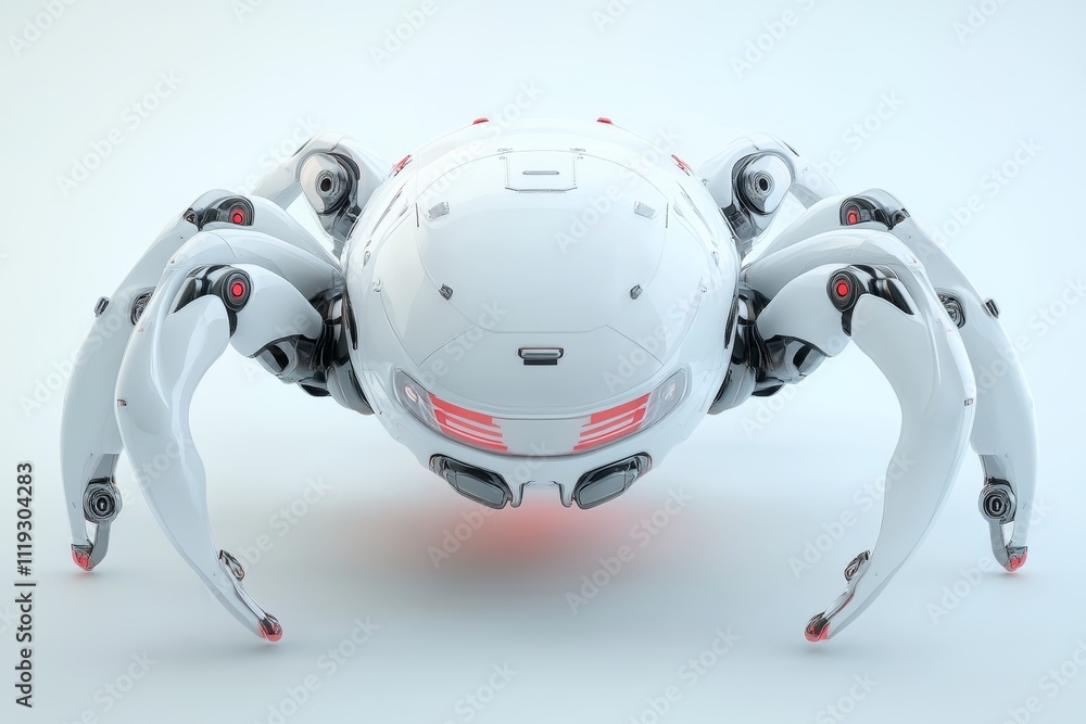 Poster a futuristic robotic spider designed with white sleek components and red glowing elements, symbolizi