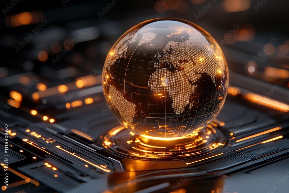 Poster a glowing digital globe resting on a sleek, futuristic tech interface, signifying global connectivit