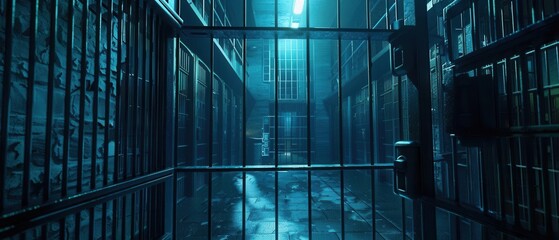 Escape plan dimly lit prison cell with iron bars dark atmosphere cinematic viewpoint for suspenseful storytelling