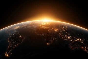 The Earth seen at sunrise, with illuminated global connections vividly highlighting continents,...