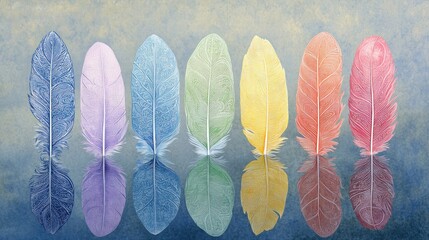 Colorful Feather Illustrations with Reflective Surface Background