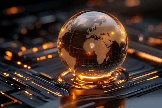 A glowing digital globe resting on a sleek, futuristic tech interface, signifying global connectivity, technological progress, and a modern world view.