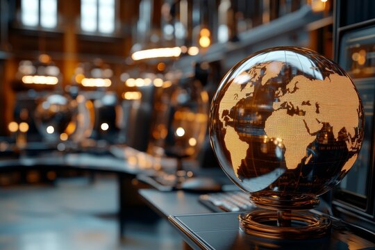 A shimmering globe spins amidst a futuristic setting, reflecting a digital-themed environment rich with electric hues and a virtual world ambiance.