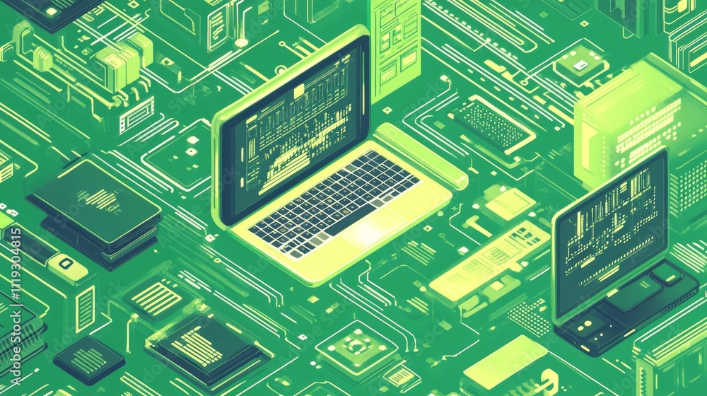 Poster isometric illustration of laptops and circuit boards, representing digital technology and data proce