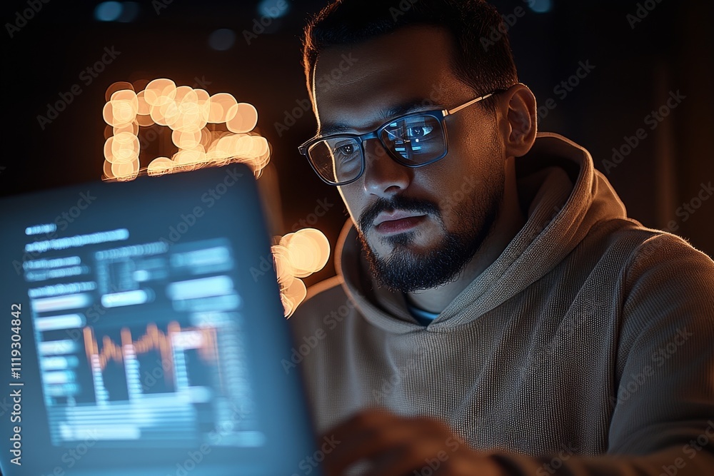 Poster a concentrated male programmer, wearing glasses, works at night on his laptop, delving into complex 