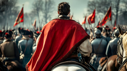 A mounted figure in a red cape overlooks a historical battle scene with flags and soldiers.