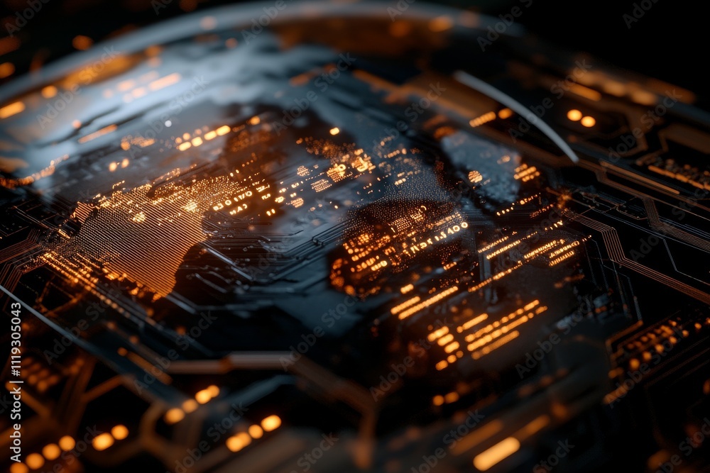 Poster a detailed digital network map overlay with glowing orange lines and symbols, illustrating advanced 