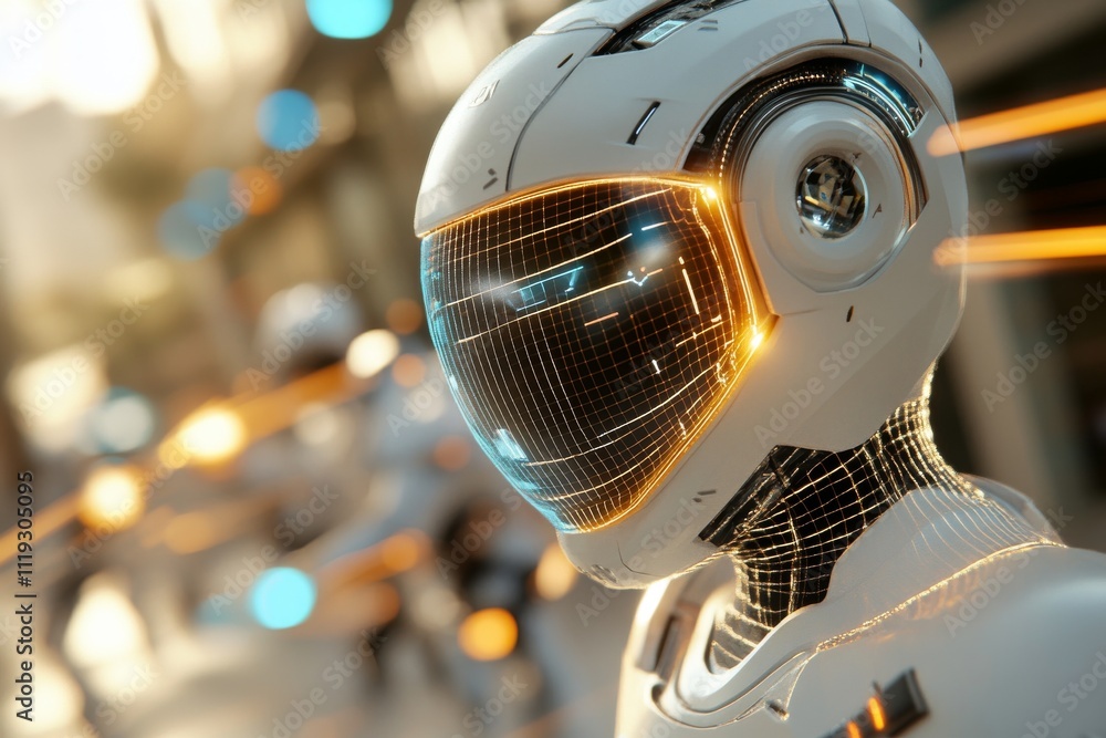 Poster a close-up of a futuristic white robot helmet with a glowing digital visor, symbolizing advanced tec