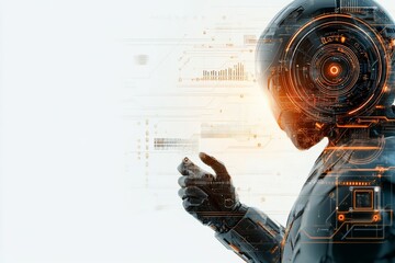 A robotic figure intently examines digital graphics, representing a fusion of artificial intelligence and futuristic technology within a sleek design framework.