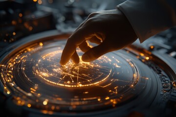 A hand interacts with a glowing digital interface disk, symbolizing the bridge between human and machine, highlighting technology's tactile nature and futurism.