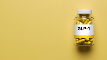 A medicine bottle labeled glp-1 placed against a blue background, medical research, pharmaceutical development, healthcare concept