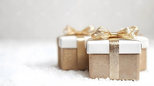 Two elegant gold gift boxes with bows on snow.