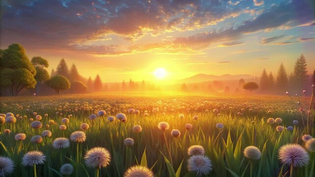 Sunrise over a flower field with dandelions