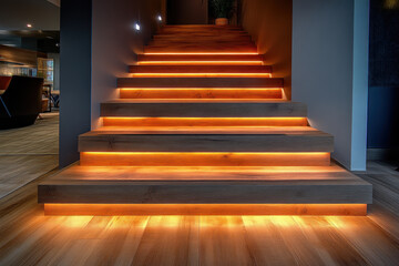 Obraz premium Illuminated wooden staircase with orange lighting in modern interior.