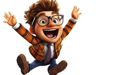 Joyful cartoon man with glasses jumping and celebrating.