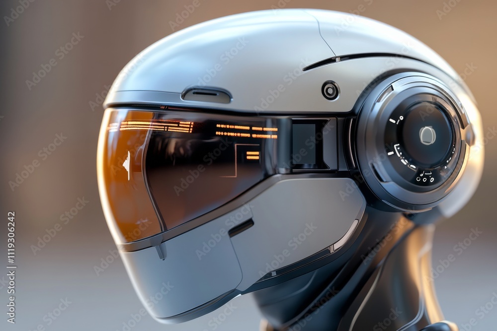 Poster a sleek, modern robot helmet showcasing advanced technology and innovation, reflecting the intersect