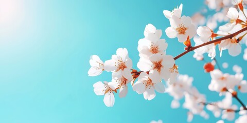 Fototapeta premium Cherry blossoms in full bloom against a vibrant cyan spring sky