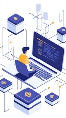 A blockchain developer reviewing code on a laptop, surrounded by digital assets on a clean white background