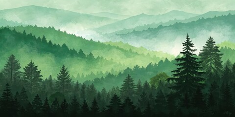 Fototapeta premium Serene Misty Mountain Forest Landscape with Lush Green Foliage and Silhouetted Conifers