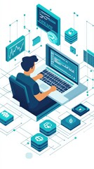 A blockchain developer reviewing code on a laptop, surrounded by digital assets on a clean white background