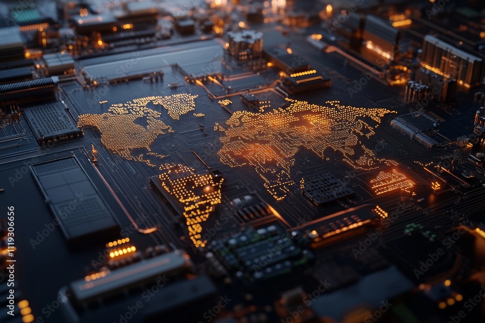 Aufkleber a world map represented by glowing circuit connections, illuminating the concept of a global digital