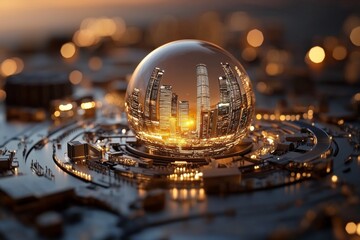 A miniature city skyline is reflected within a clear polished glass sphere, capturing the futuristic and urban aesthetics with a warm golden hue at sunset.