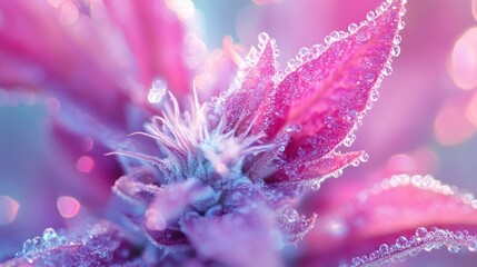 Vibrant Pink Cannabis Bud Close-Up: Dewdrops on Petals, Macro Photography of Cannabis Sativa, High-Resolution Image of Purple Marijuana Flower