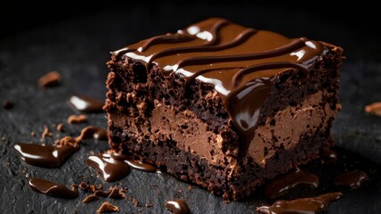 Pieces of chocolate biscuit brownie covered with melted dark chocolate on the black background