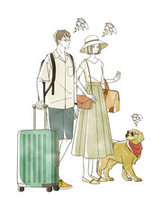 夏に旅行をする困った表情の男女と犬