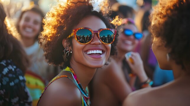 50. A group of people with diverse styles and joyous expressions, having a fun time at an outdoor festival - Powered by Adobe