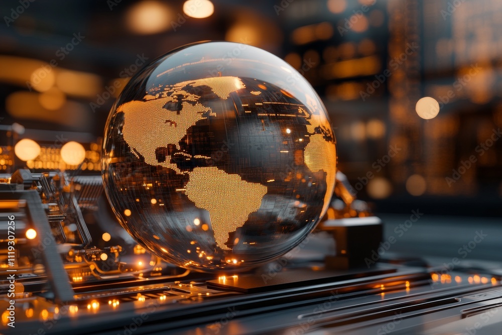 Poster a futuristic digital globe resting on an intricate circuit board, representing the fusion of geograp