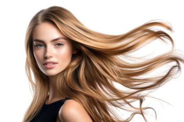 Effortless Beauty: A woman with long, flowing golden blonde hair exudes elegance and confidence. The movement of her hair adds a sense of vitality and natural beauty.  