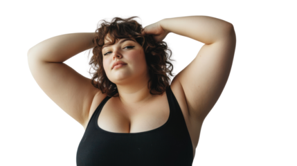 Confidently Herself: A captivating portrait of a plus-size woman with curly hair, radiating self-assuredness and body positivity. Her gaze is direct.