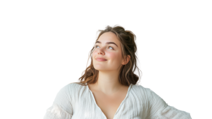 Dreamy Gaze: A young woman with light brown hair, styled in a half-updo, gazes upward with a serene and hopeful expression. Her soft smile and relaxed posture convey a sense of peace and optimism.