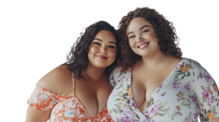 Confident and Beautiful: Two women with radiant smiles and beautiful curves in floral dresses, radiating confidence and self-love.  