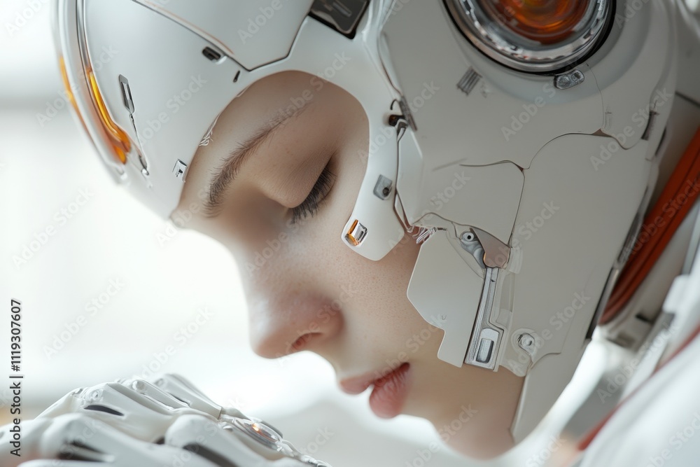 Poster a close-up of a futuristic robot's face, showcasing a sleek white design and intricate technological