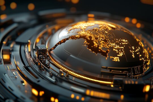 A golden globe shows Earth's digital connectivity with glowing circuitry patterns, symbolizing technological advancement and the interconnectedness of modern life. - Powered by Adobe
