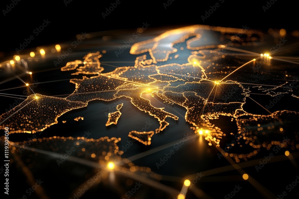 Aufkleber a digital representation of a glowing map, primarily focusing on europe with interconnected points, 