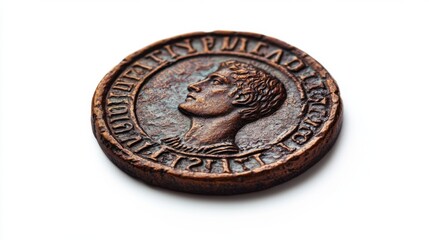 A detailed bronze coin featuring the profile of a historical figure. The intricate design highlights craftsmanship. This coin represents a blend of art and history. Generative AI