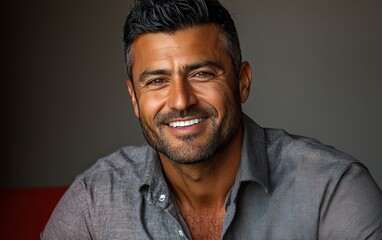 Fototapeta premium A man with a smile on his face is wearing a pink shirt